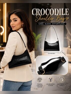 👜🆕👜Black Croc-Embossed Shoulder Bag